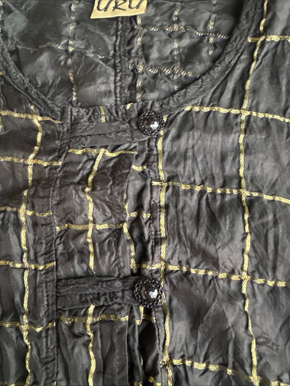 URU Black and Gold Silk Tunic Top Dress Button Front Lightweight Long Sleeves - Picture 7 of 15